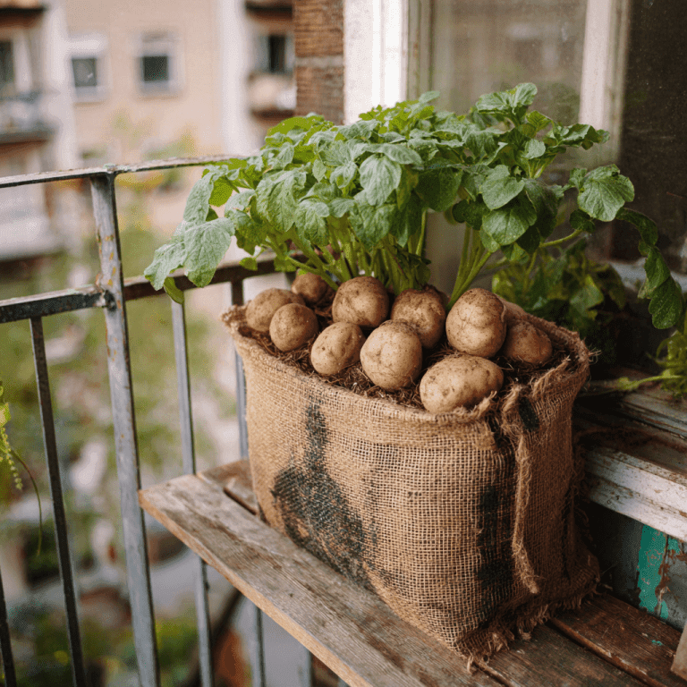 potato plant with potatos in a growing bag on a baclony , realistic image