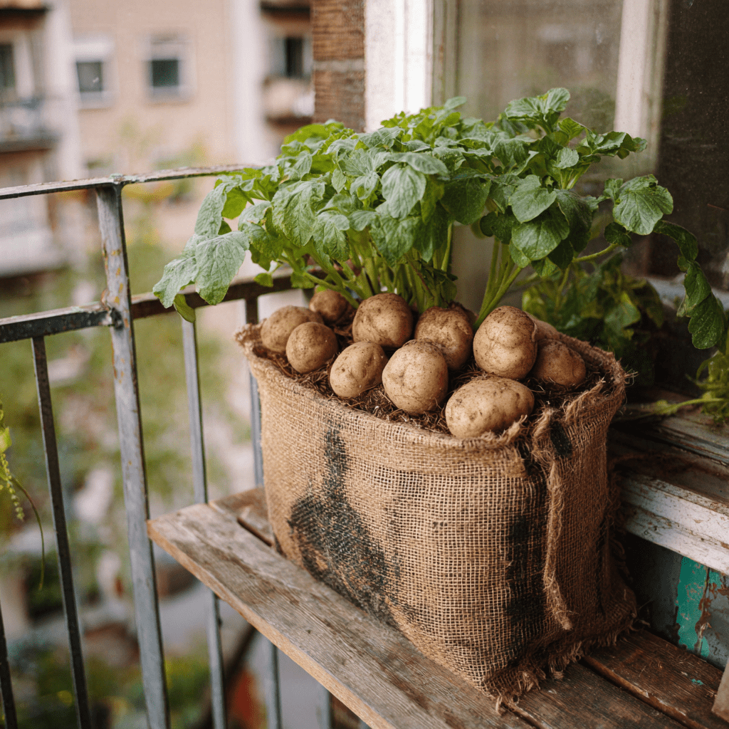 potato plant with potatos in a growing bag on a baclony , realistic image