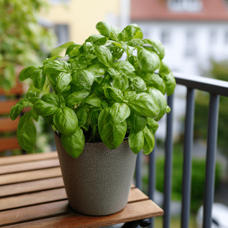Basil plant growing in a container pot on a lush balcony