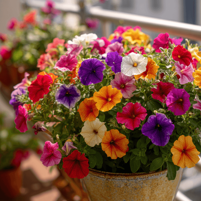 Petunias_growing_in_a_container_pot_on_a_balcony