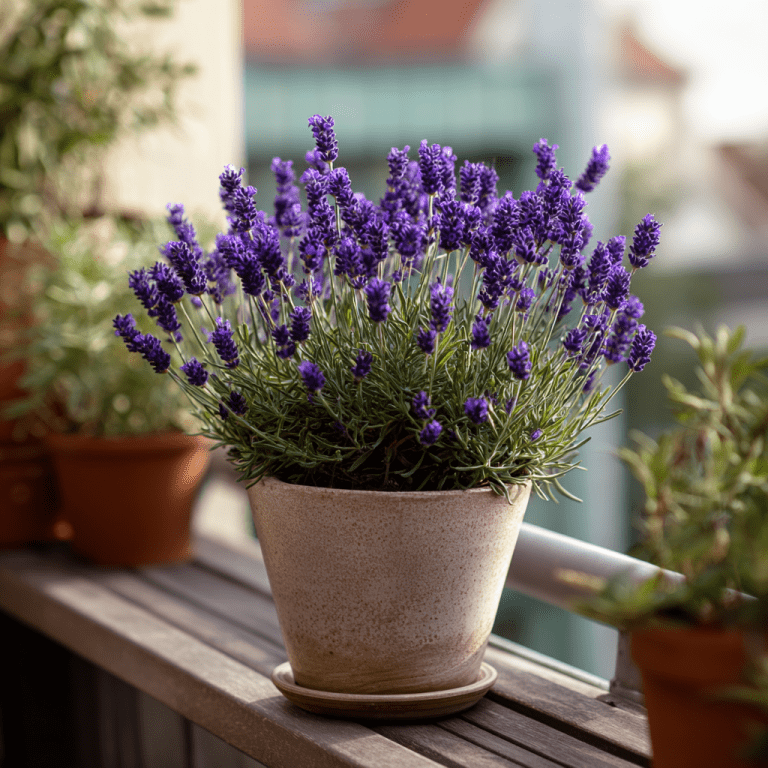 lavender flowers growing in a container on the balcony