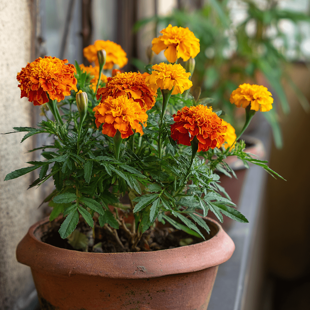 Marigold flowers growing in a container pot on a balcony