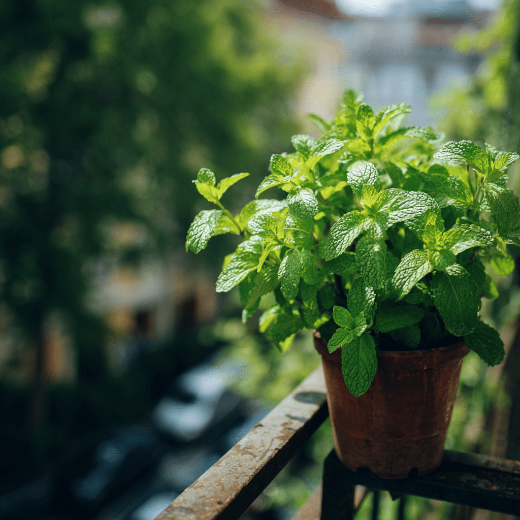 Mint plant growing in a container pot on a lush balcony